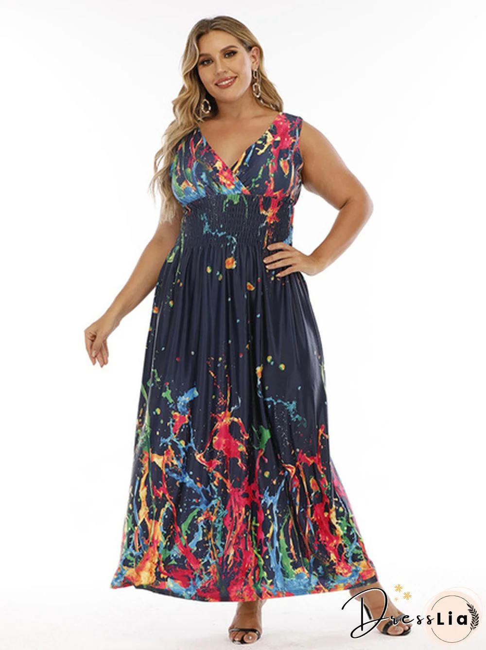 Plus Size Double V-Neck Print Smocked Waist Maxi Dress