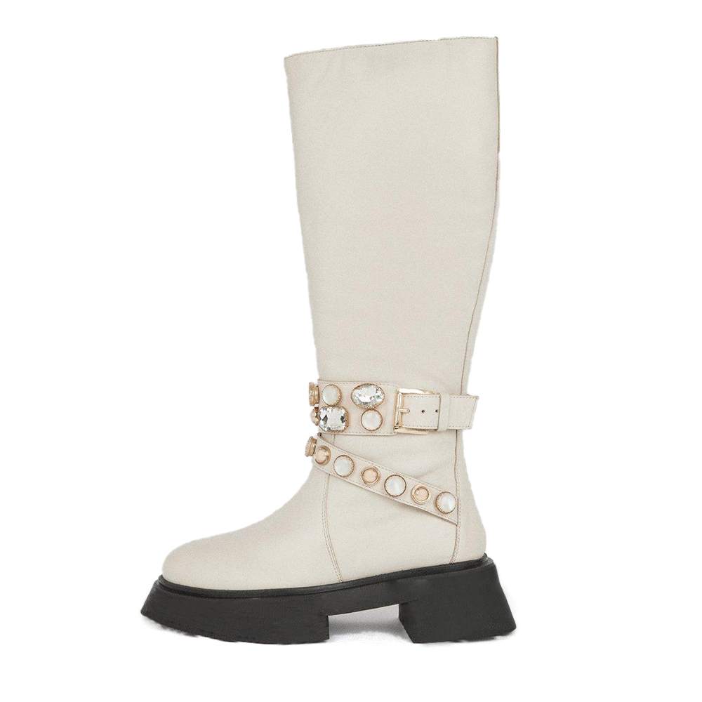 Women's Ivory Round Toe Decorative Buckle Strap Tall Chunky Boots Nicepairs