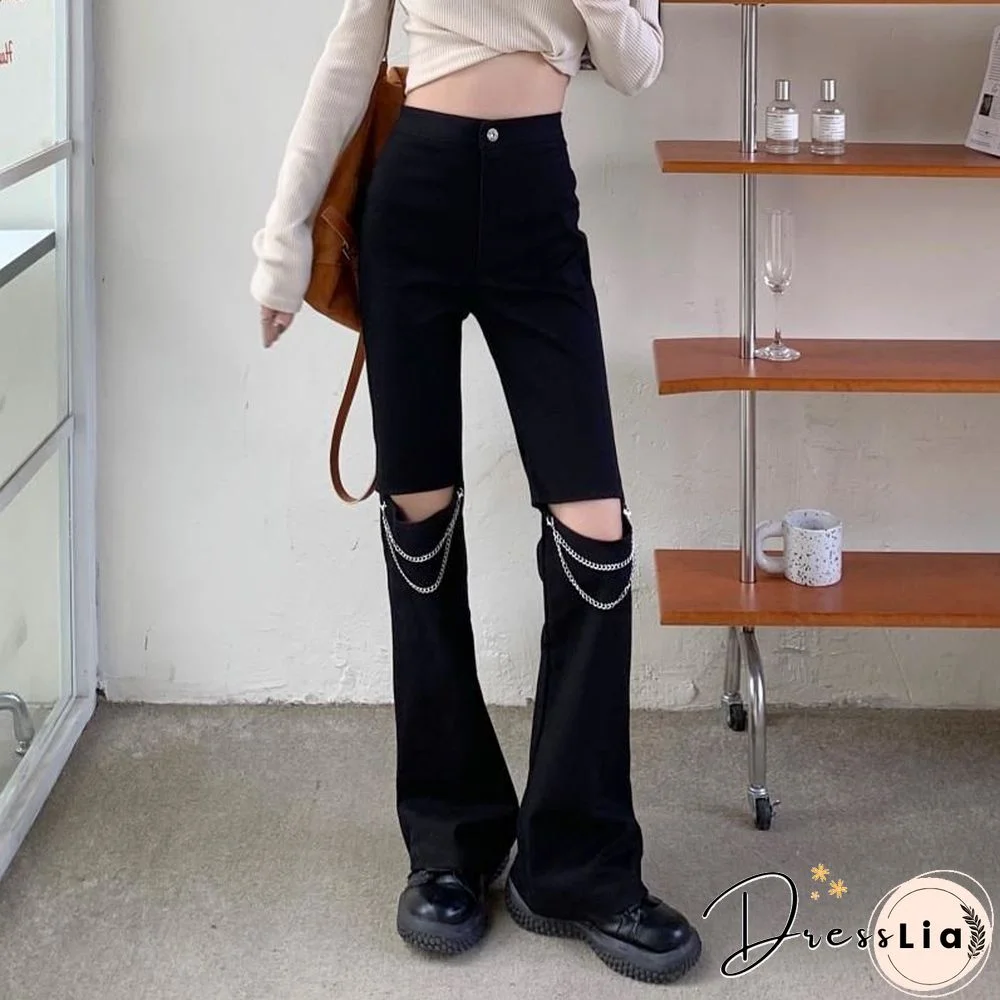 Fashion Hollow Out Streetwear Hole Women Jeans Summer High Waist Harajuku Straight Denim Pants Vintage Chain Y2K Wide Leg Pants