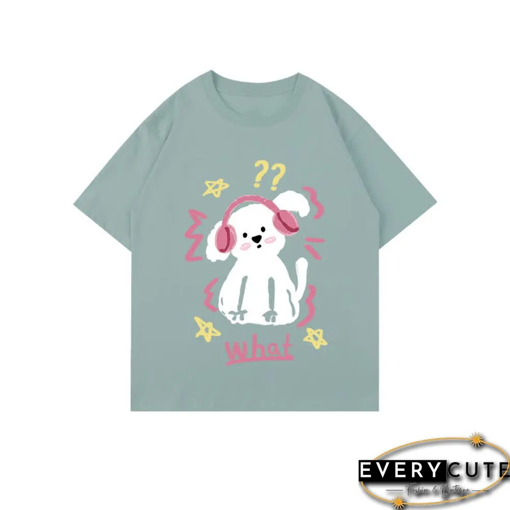 Kawaii Letter Puppy Print Round Collar Oversized T-Shirt