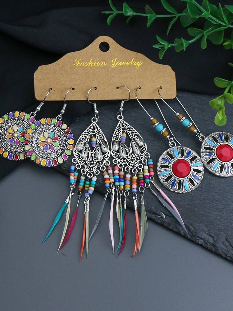 3pairs Bead Tassel Drop Earrings