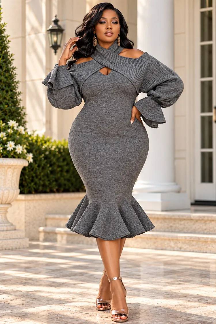 Xpluswear Design Plus Size Business Casual Grey Wrap Neck Flare Long Sleeve Cut Out Bodycon Crochet Midi Dresses [Pre-Order] 2024 - Xpluswear
