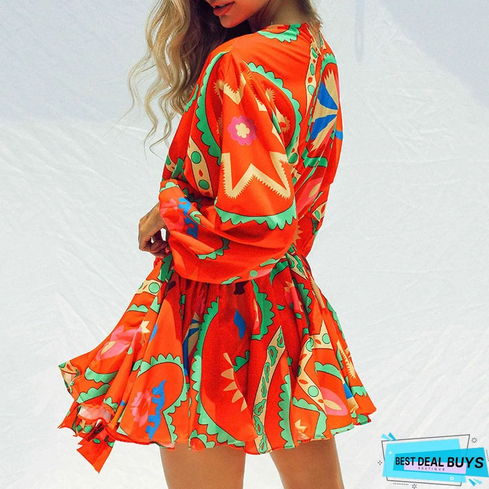 Hand-Woven Belt Lantern Sleeve Printed Dress