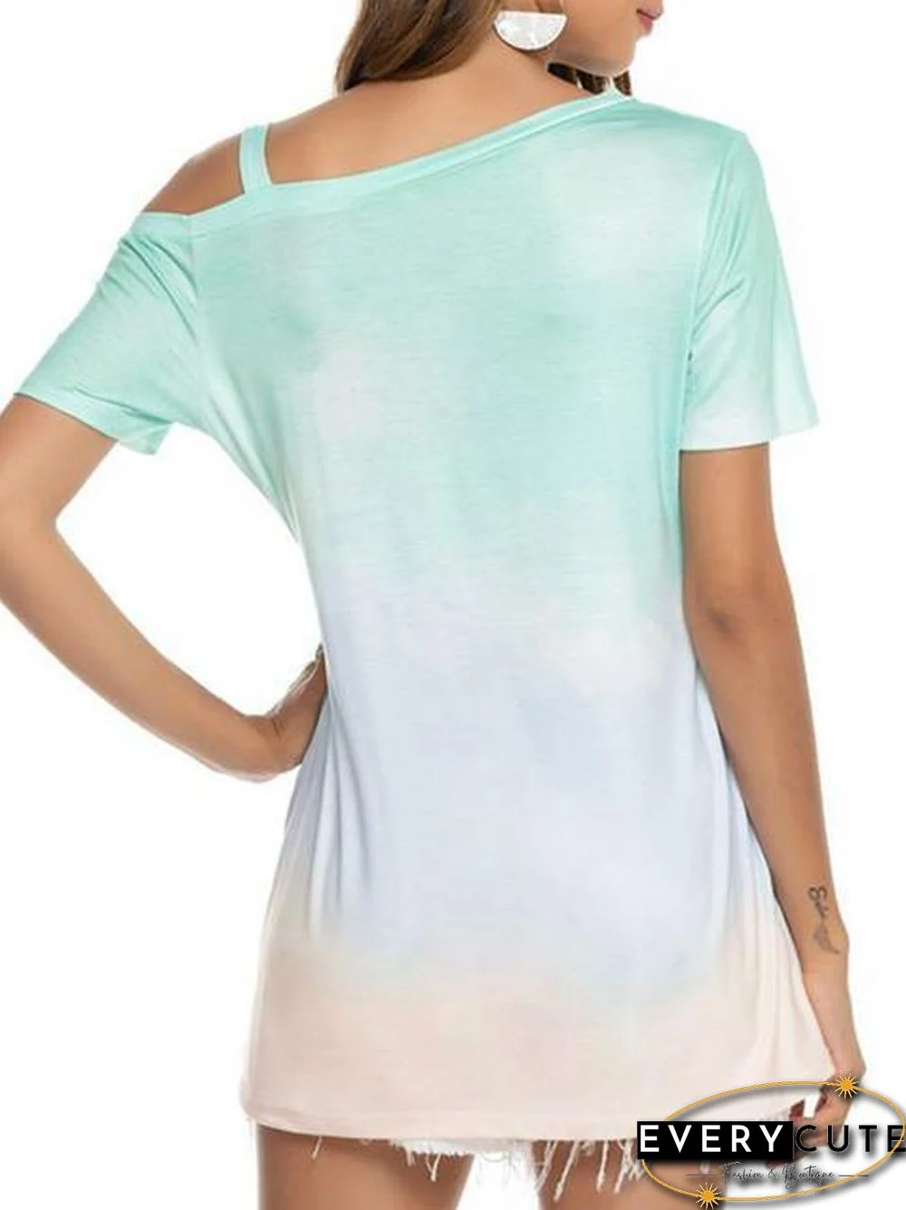 Gradient Color Cold Shoulder Twisted T-Shirt
