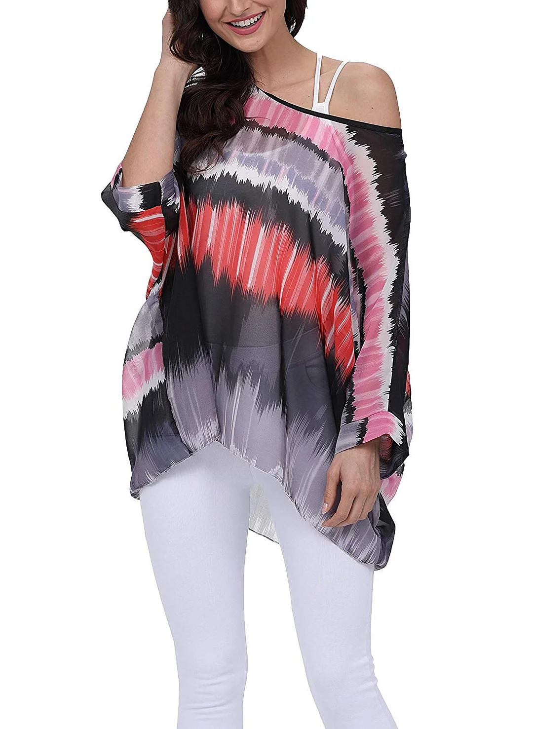 Women Stylish Summer Floral Printed Shirt Batwing Sleeve Top Chiffon Poncho Casual Loose Blouse with Shoulder Off