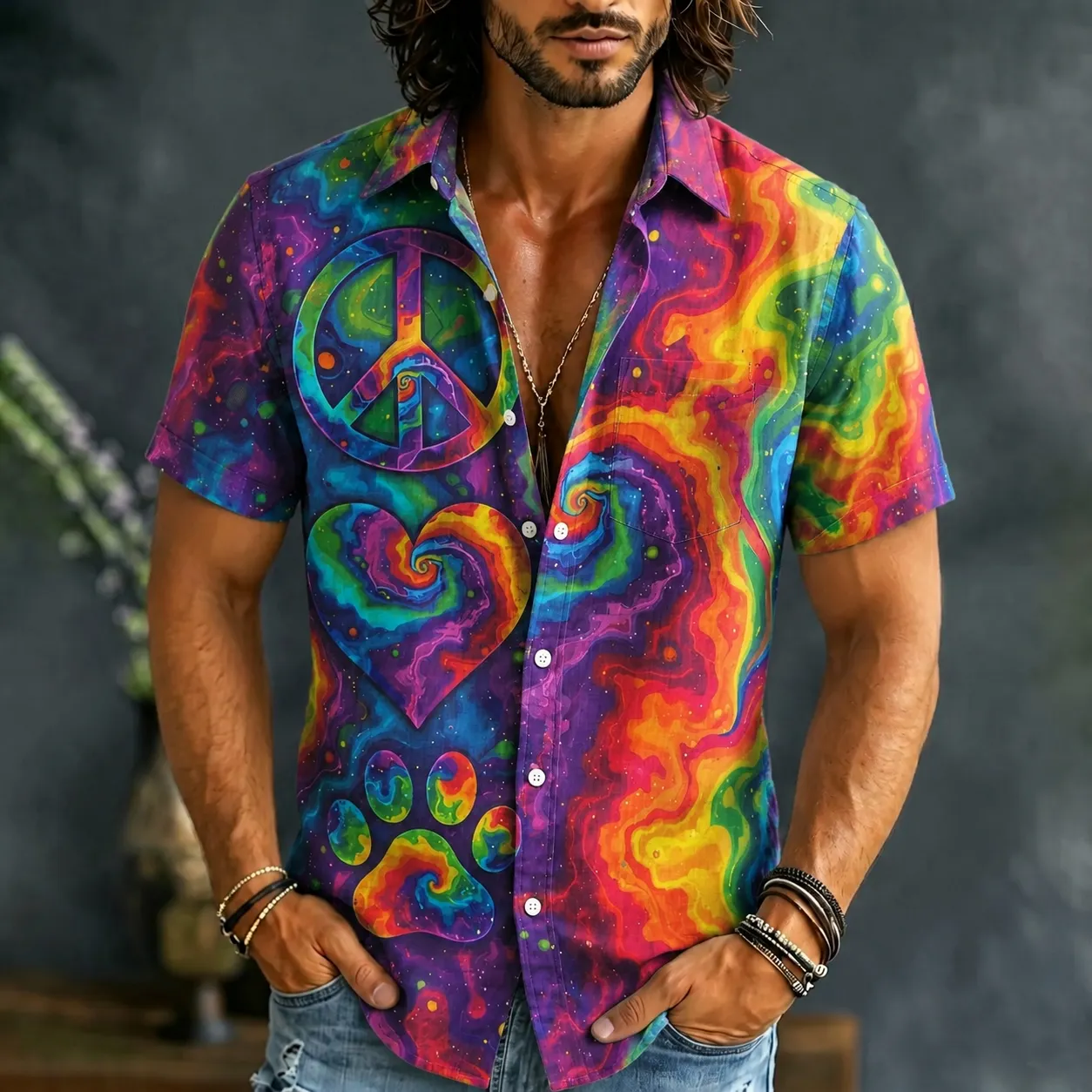 Men's Peace Sign Colorful Tie Dye Print Shirt  artssus
