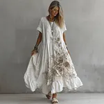 Women's White Rose Embroidery Art Round Neck Short Sleeve Linen Blend Midi Dress - Image 2