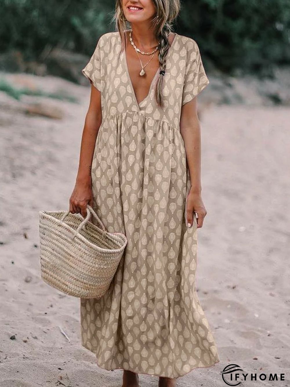Plus Size Casual V Neck Short Sleeve Printed Maxi Weaving Dress | IFYHOME