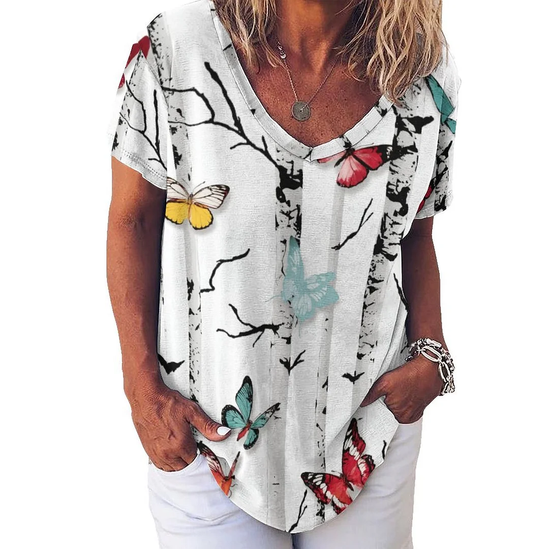 V-neck Short Sleeve Casual T-shirt for  Women Printed with Pattern Colorful, Brown, Butterfly