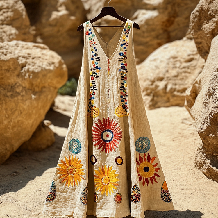 Women's Vintage Sun Moon And Stars Cotton And Linen Dress