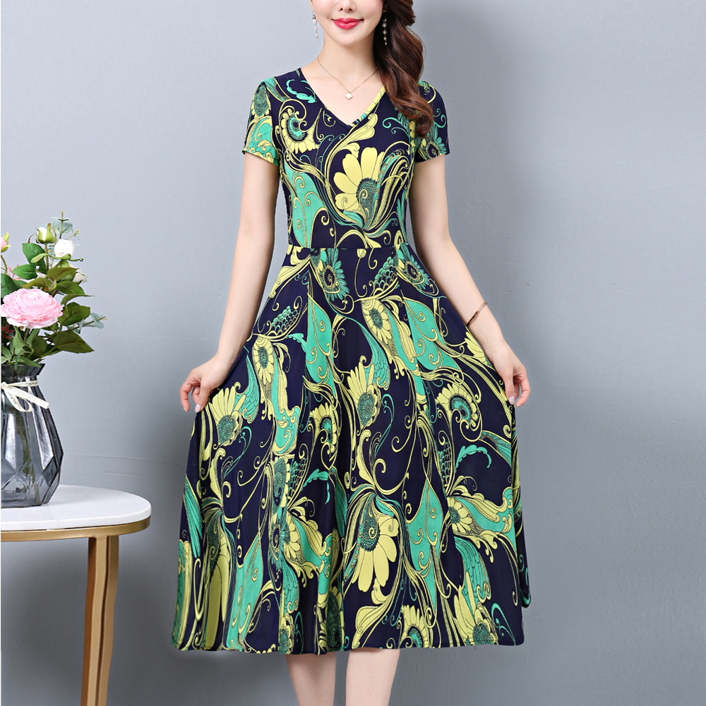 Fashion Women V-Neck Print Short Sleeve Casual Elegant Floral Dress