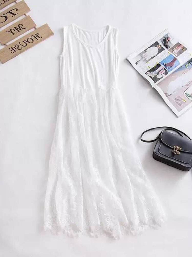 Modal Patchwork Lace Camisole White Bottom Skirt Dress High Waist Sleeveless Mesh Pleated Slip Dress Petticoat Autumn And Summer - Life is Beautiful for You - SheChoic