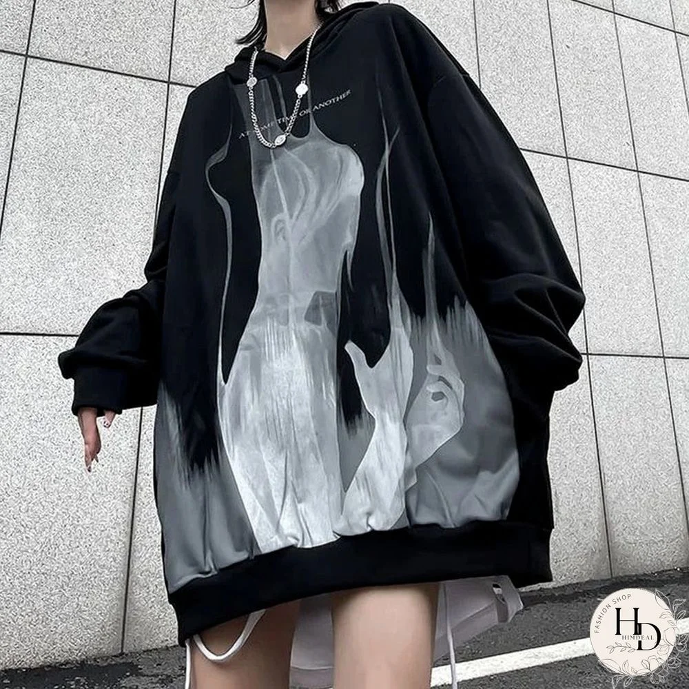 Gothic Emo Printed Black Hoodies Women Harajuku Streetwear Punk Couple Female Pullover Couple Sweatshirt Goth Mall Top