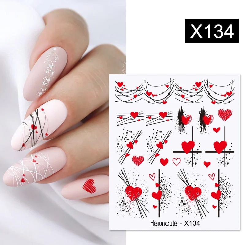 Harunouta Heart Love Design Valentine Nail Water Decals  Color Wave Geometric Lines Charms Sliders Decoration Tips For Nail Art