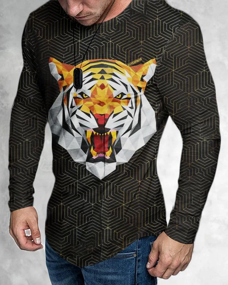 Men's Casual Long Sleeved Creative Tiger Pattern T-shirt