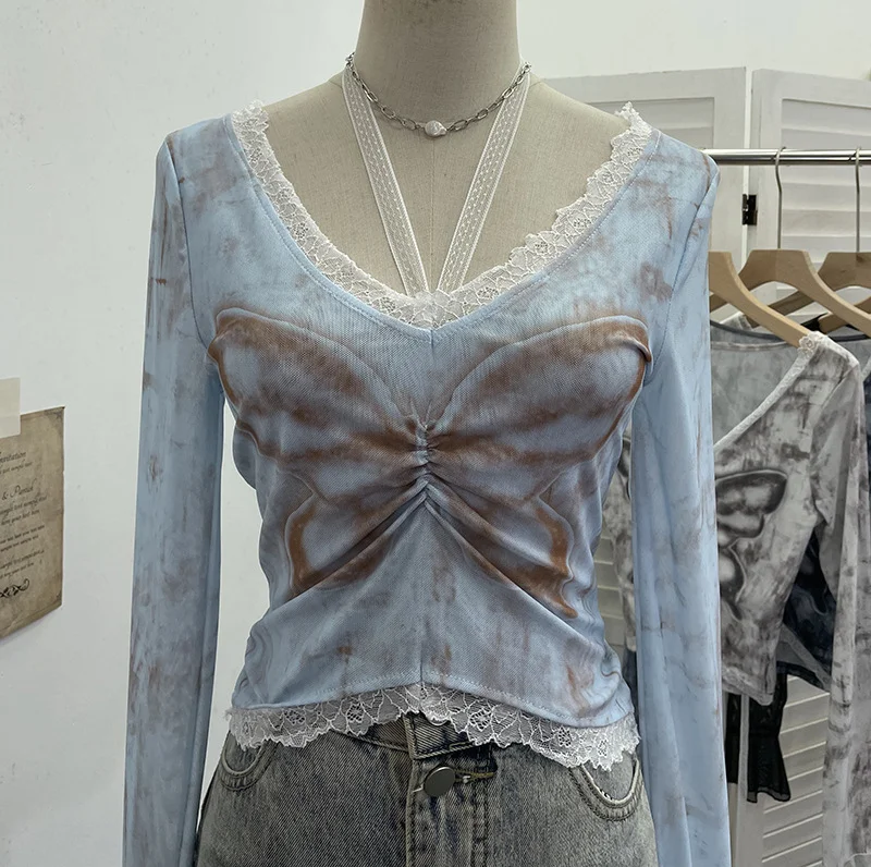 Nigikala Nigikala Shot Micro-Permeable Mesh Butterfly Print Splicing Lace Hanging Neck Horn Long-Sleeved T-Shirt Repair Short Top 1286