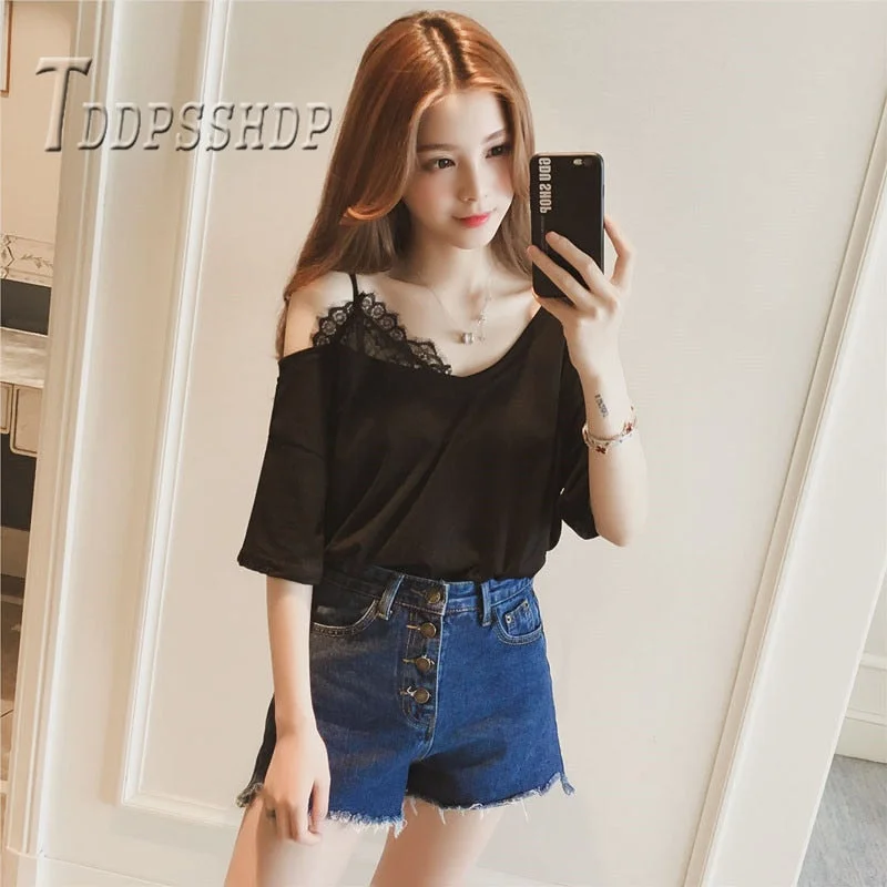 95% Cotton Lace Fake 2 Piece Women T Shirt 2019 Summer Black White Blue Short Sleeve Female Tee Shirts