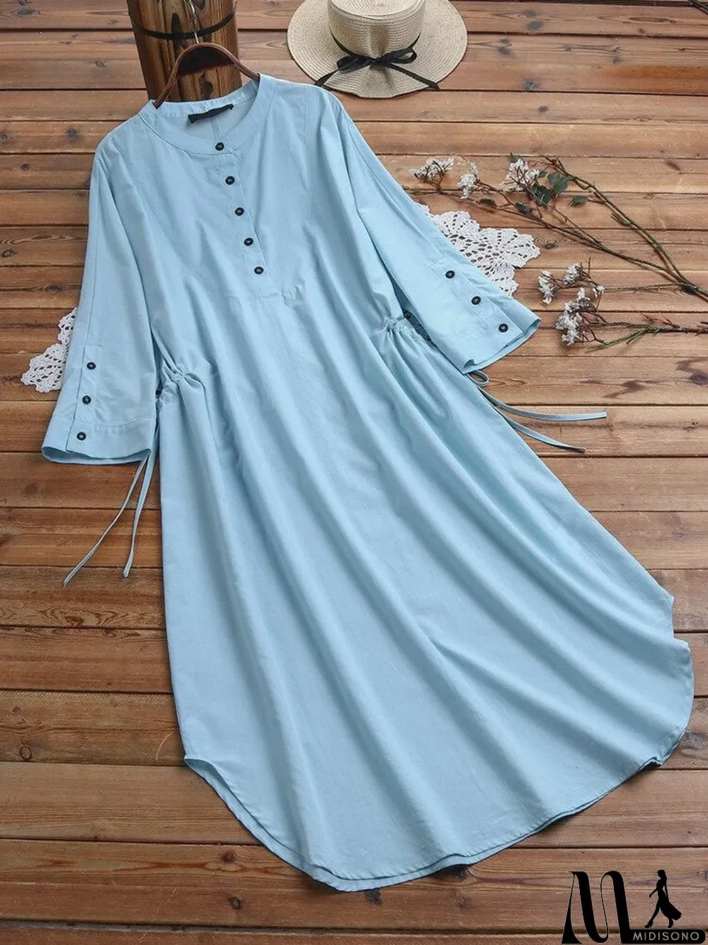 MidiSono - Women Scoop Neck Solid Color Long Sleever Dress