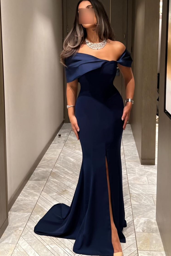 Dark Navy Split Off-The-Shoulder Mermaid Prom Dress ZT0752