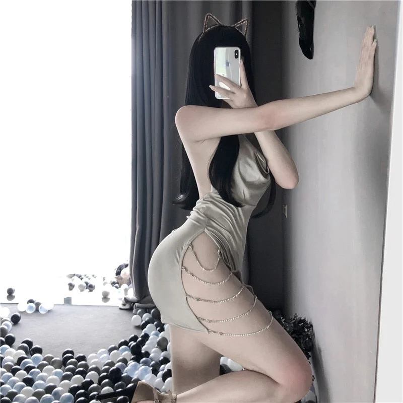 OJBK Sexy Bodycon Dress For Women Elegant Party Club Wearing Ladies Open Chest Side ChainDesign Costumes With Cute Thong Fashion