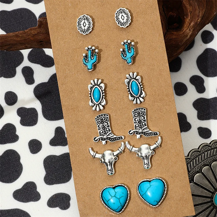 5 Pairs Western Cowboy Style Horse Star Sun Shaped Turquoise Stone Inlaid Studs Hoop Earrings Set For Women Girls Zinc Alloy Jewelry