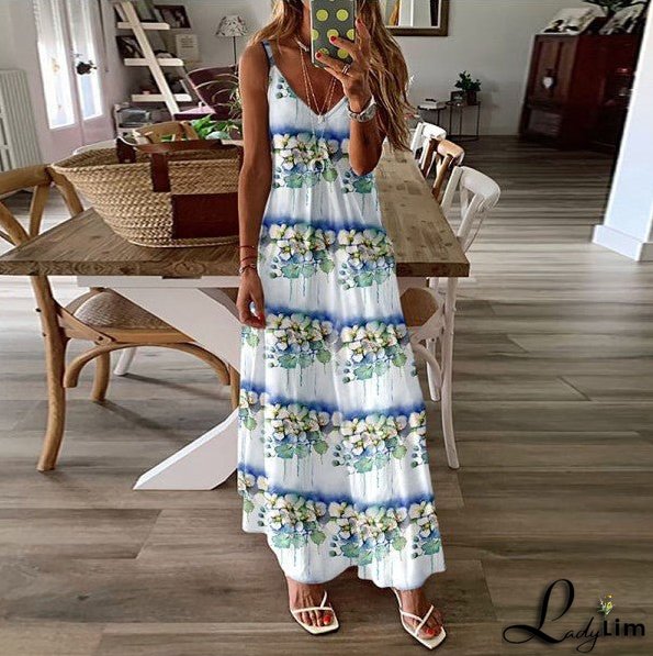 Stylish Women's V-Neck Dress with Positional Print and Loose Straps