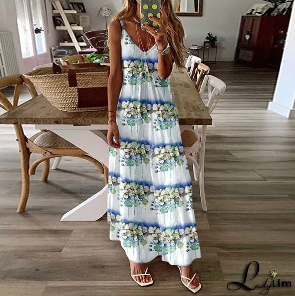 Stylish Women's V-Neck Dress with Positional Print and Loose Straps