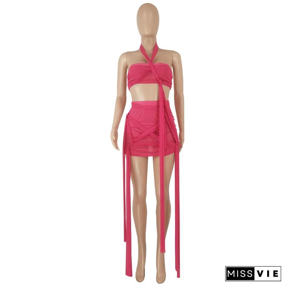 Mesh Sheer Halter Crop Top and Mini Skirt Suits