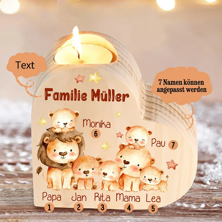 Tierfamilie Personalisierter 7 Namen & Text Löwe Familie Herzform Kerzenhalter
