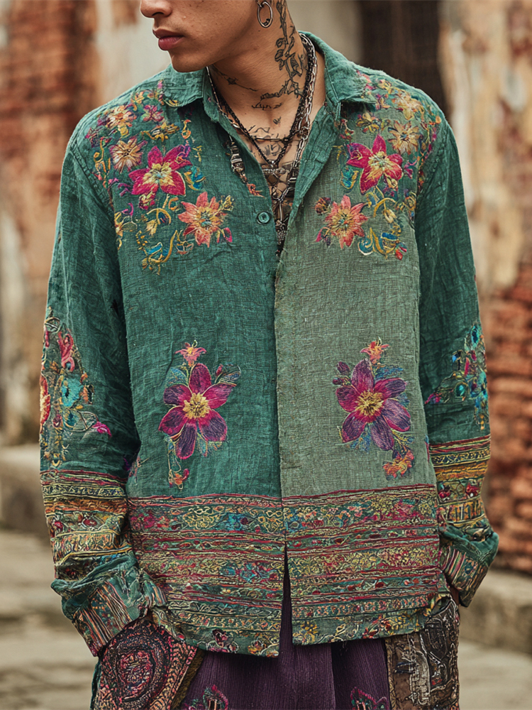 Comstylish Bohemian Vintage Floral Men's Linen Long Sleeve Shirt