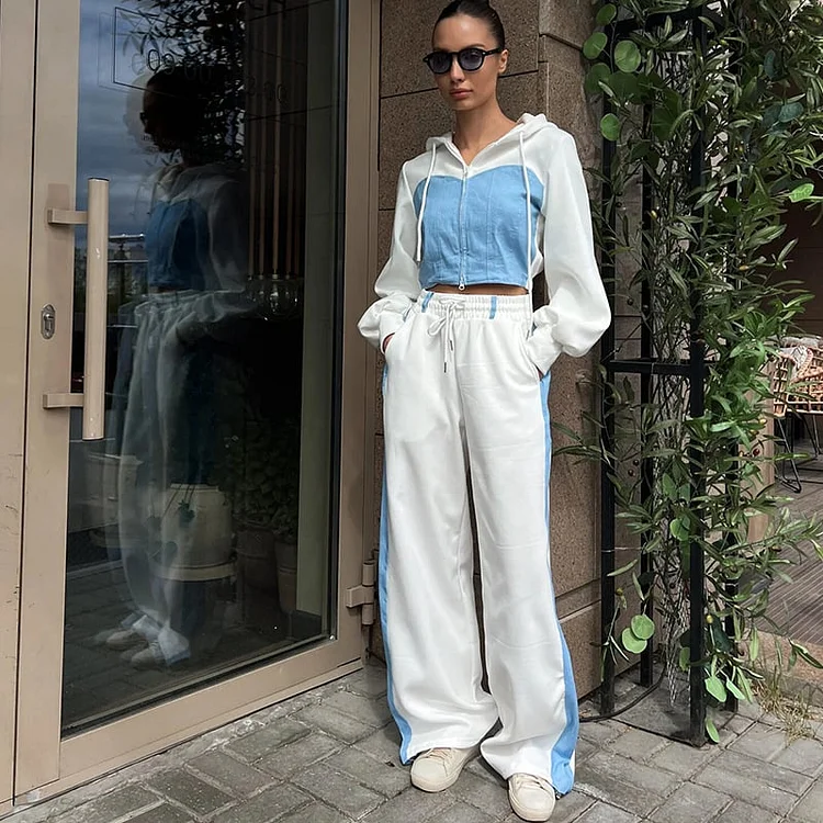 Women's Hooded Denim Patchwork Sweatshirt Two-piece Set