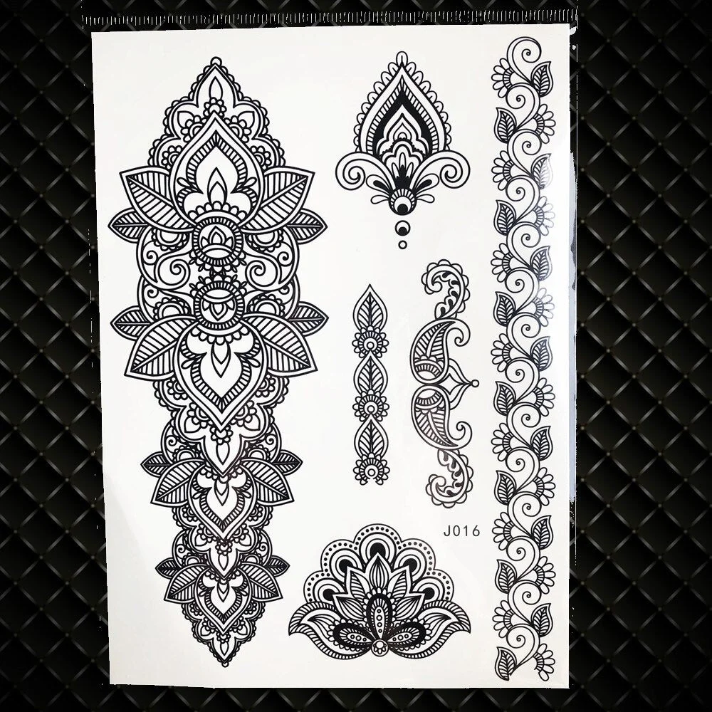 1PC Large Henna Tattoo Stickers For Wedding GBJ206 Black Ink Lace Henna Paste Women Party Brides Flower Temporary Tattoo 21x15CM