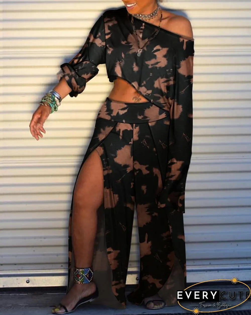 Tie Dyed Floral Print Long Sleeve T-shirt & Slit Pant Sets