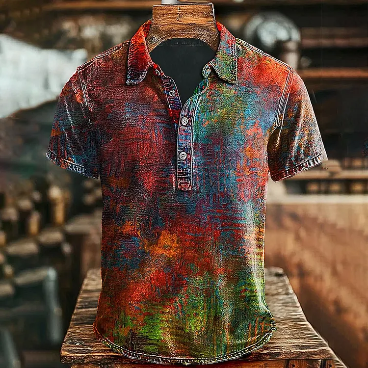 Men's Retro Colorful Old Printed Casual Short Sleeve Polo Shirt