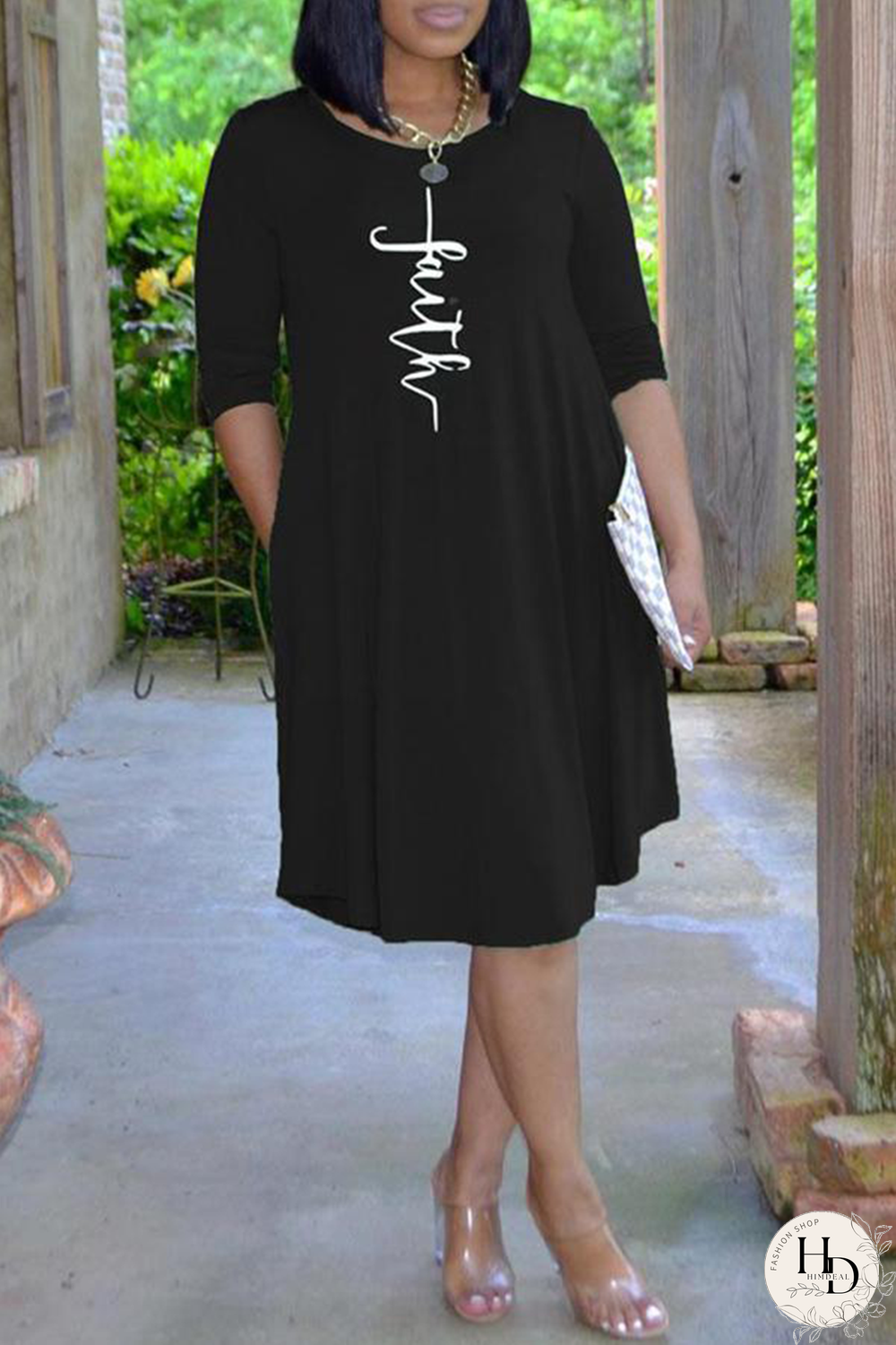 Black Casual Print Patchwork O Neck Cake Skirt Dresses