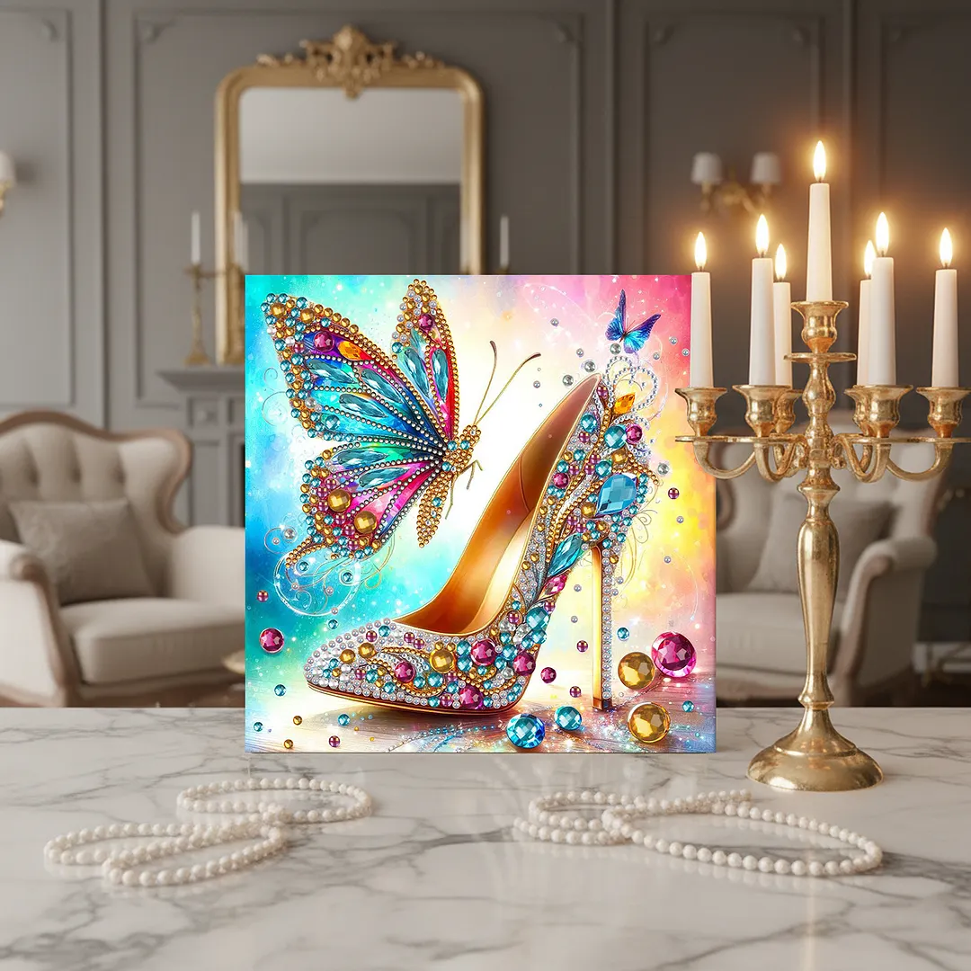 Butterfly High Heels Special Shaped DIY Large Diamond Painting Kit w/ Frame 9.84x9.84inch