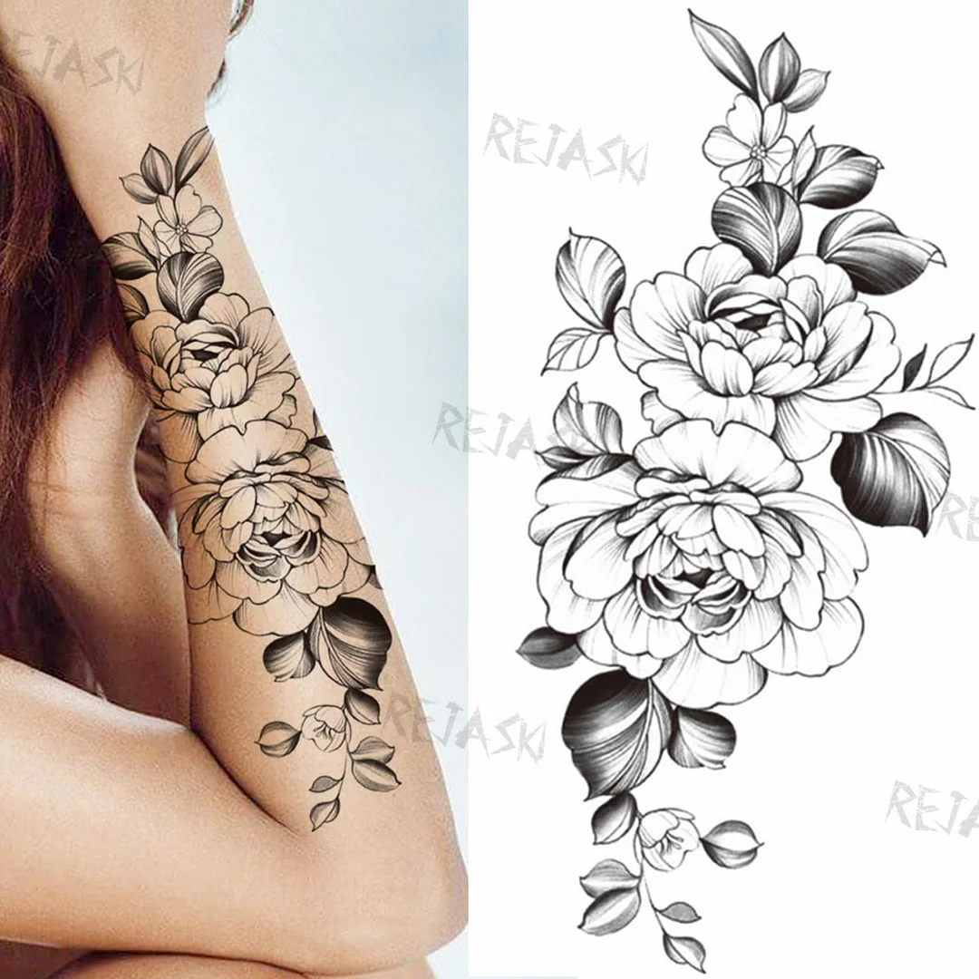 Sexy Snake Flower Fake Temporary Tattoo For Women Black Sunflower Tattoos Bloosom Big Daisy Camellia Water Transfer Tatoos Legs