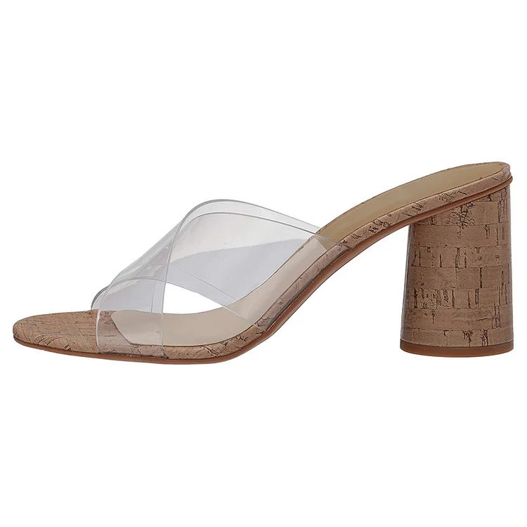 Brown Transparent Strap Mules Shoes Open Toe Chunky Heels |FSJ Shoes