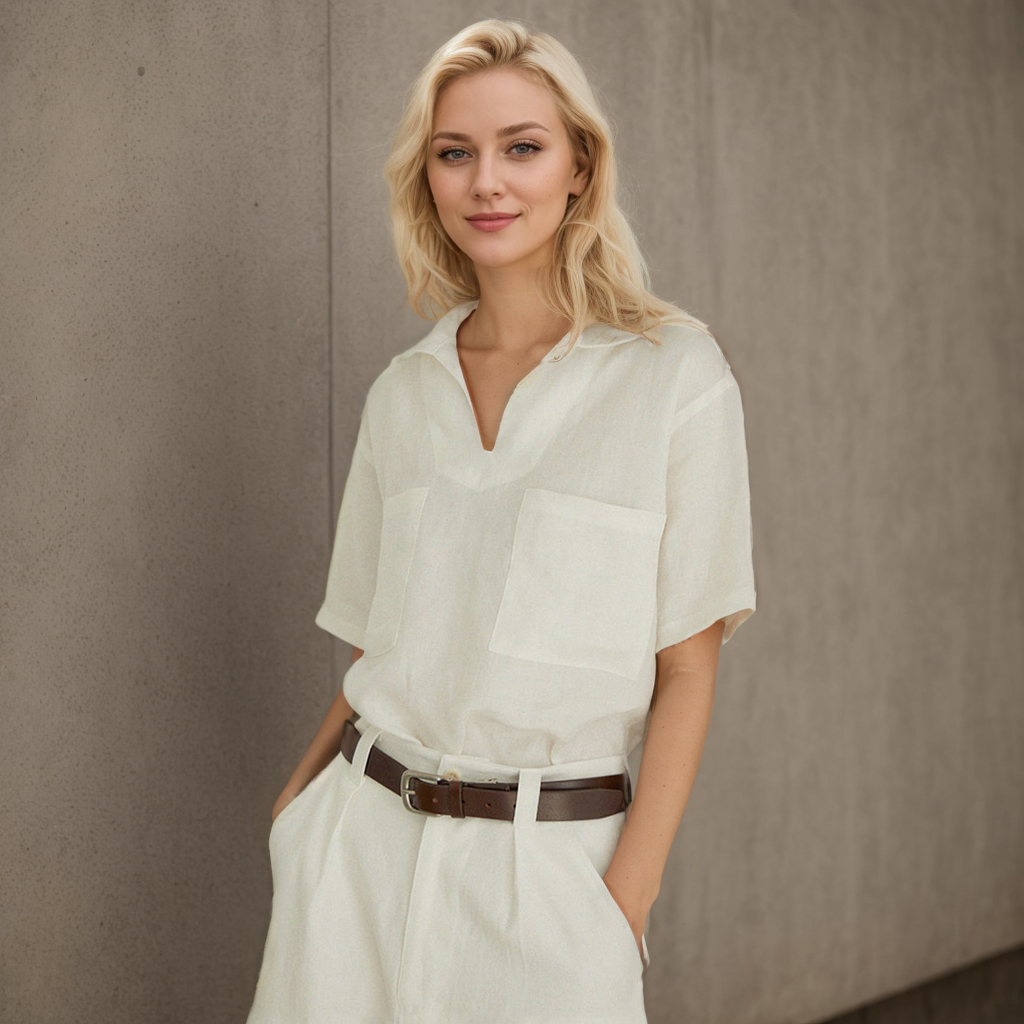 Linen Shirt Women V-neck Simple Solid Color REAL SILK LIFE