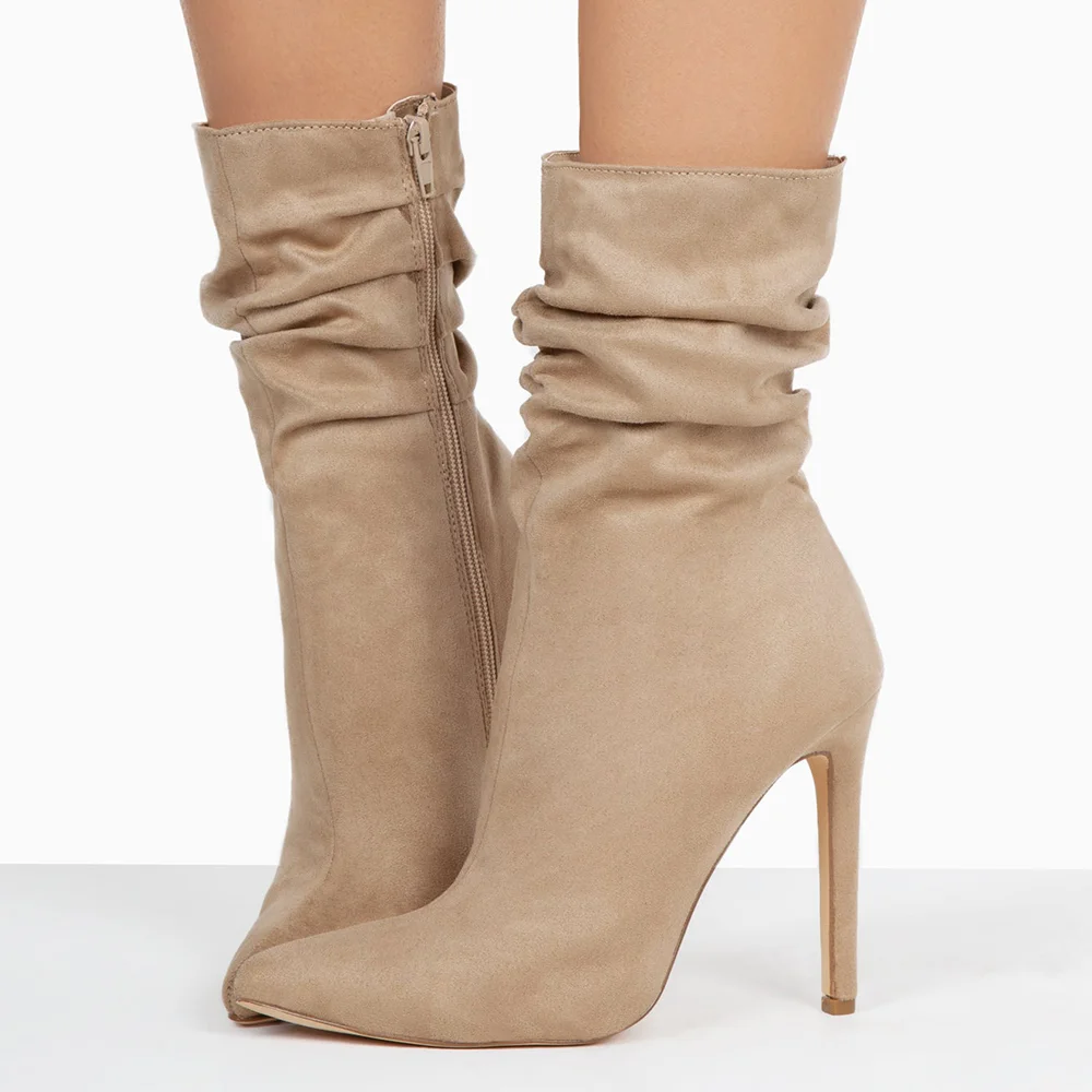 Beige Pointy Toe Casual Side Zipper Ankle Boots 