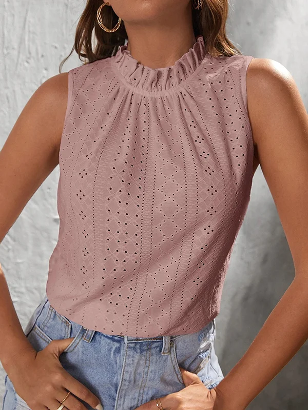 Hollow Jacquard Pleated Solid Color Tied Loose Sleeveless Mock Neck Vest Top