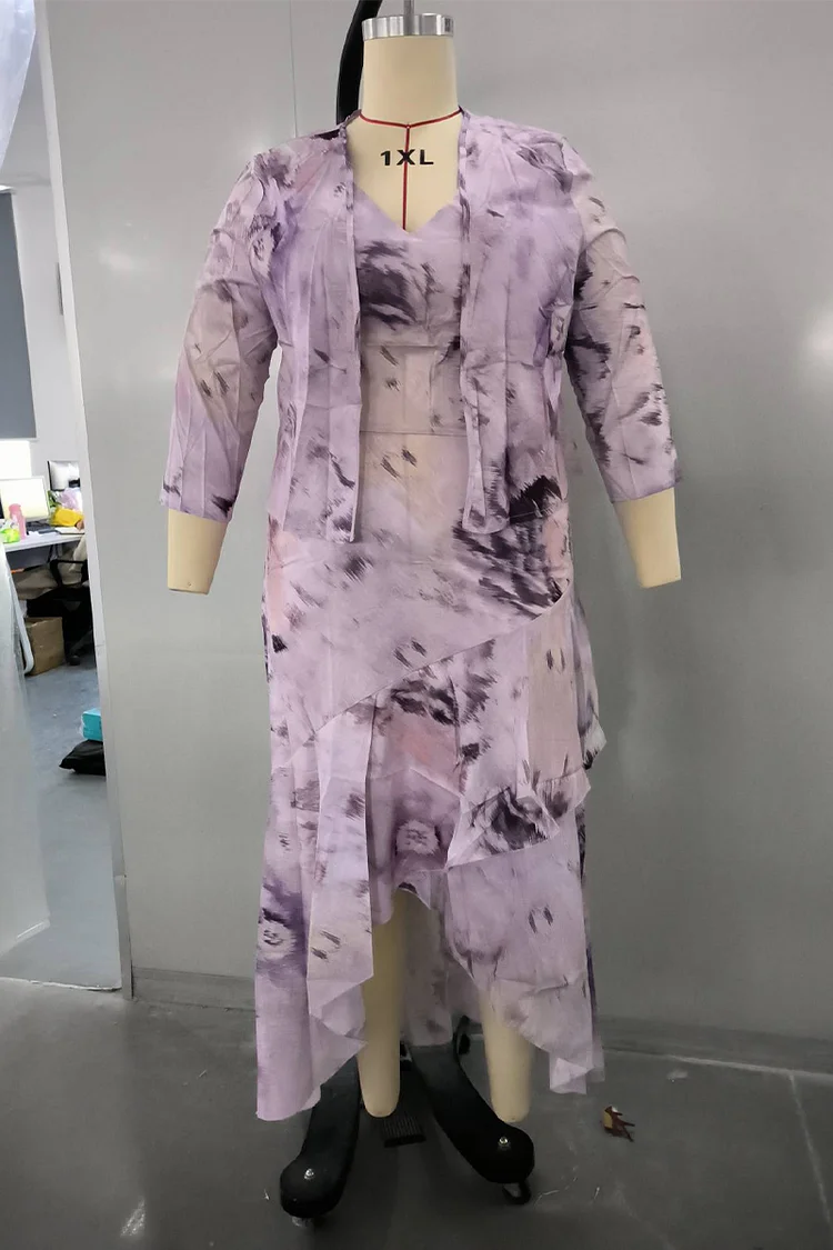 Plus Size Chiffon Asymmetrical Hem Tie Dye Floral Print Two Pieces Maxi Dresses  Flycurvy [product_label]