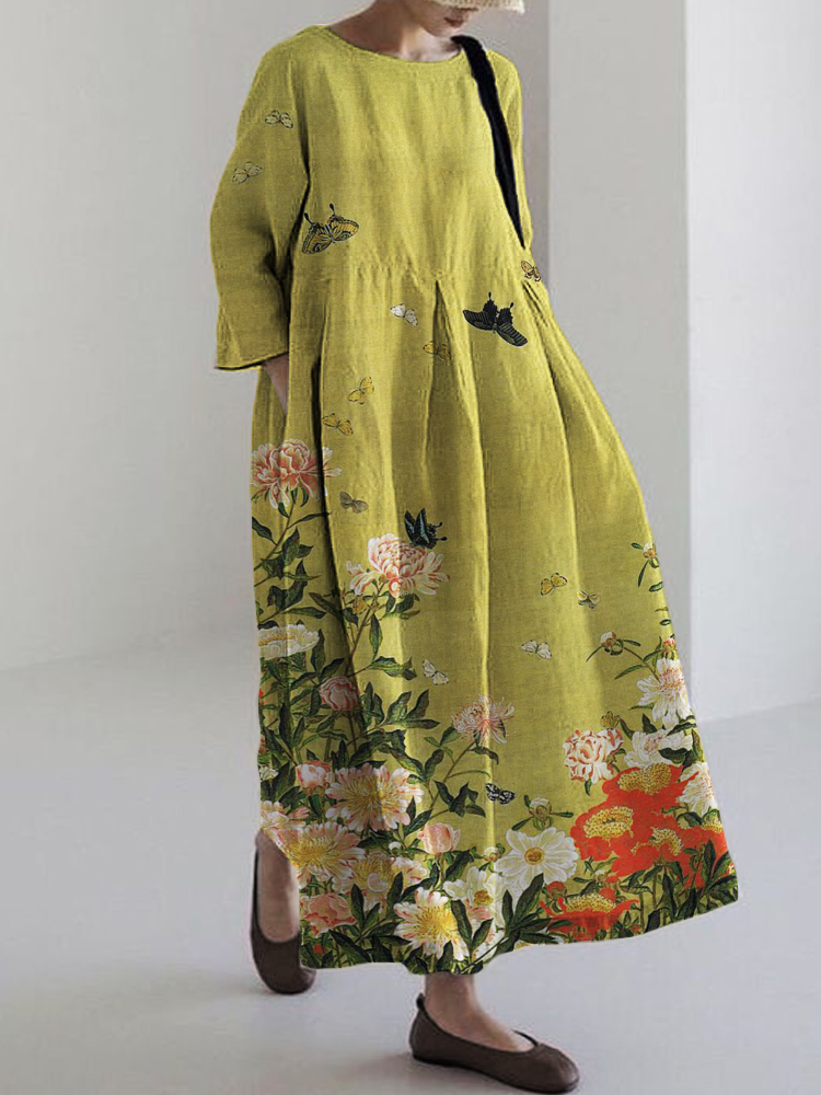 Comstylish Butterflies among Flowers Japanese Art Linen Blend Maxi Dress