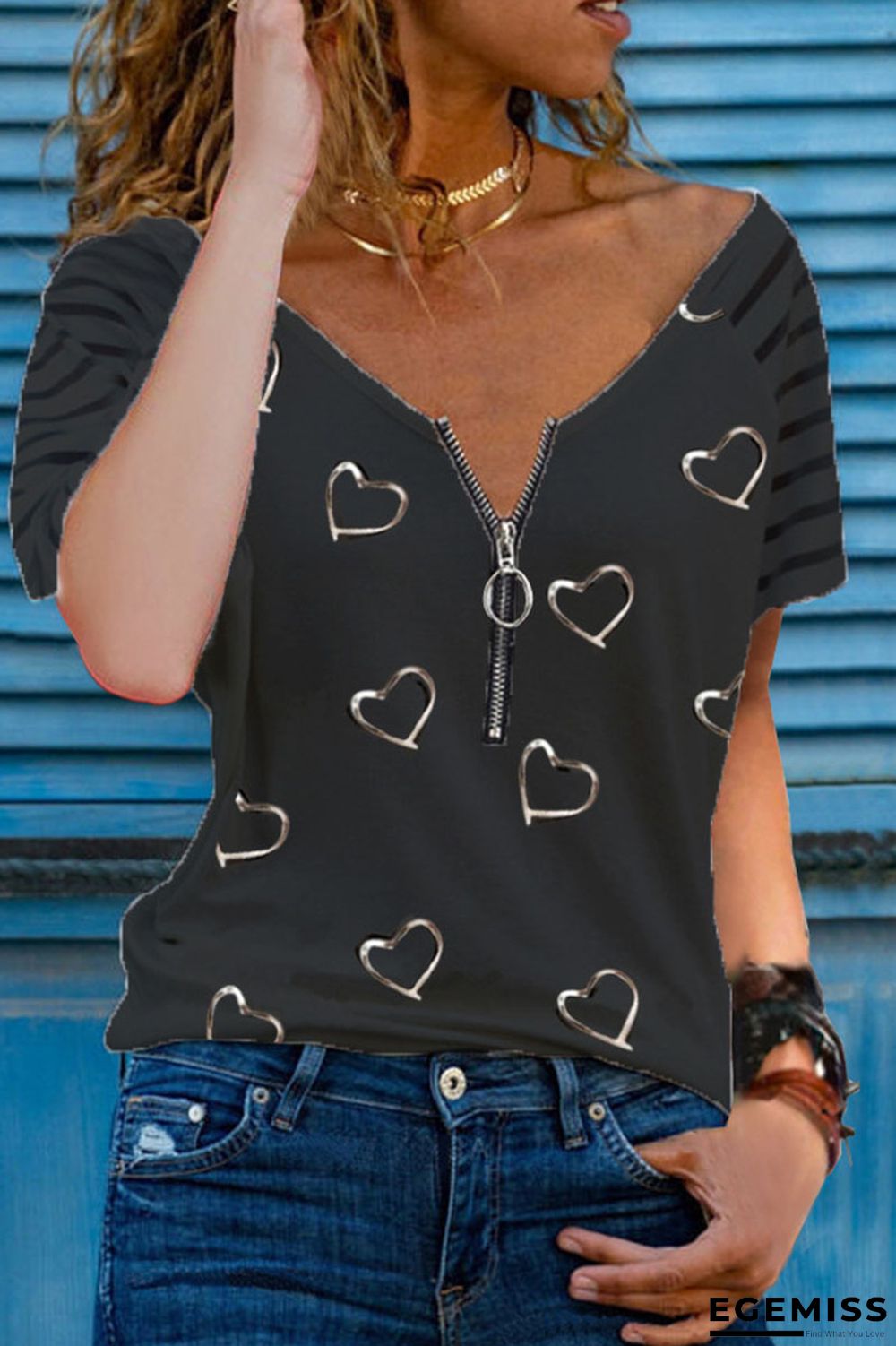 Black Fashion Casual Print Patchwork V Neck T-Shirts | EGEMISS