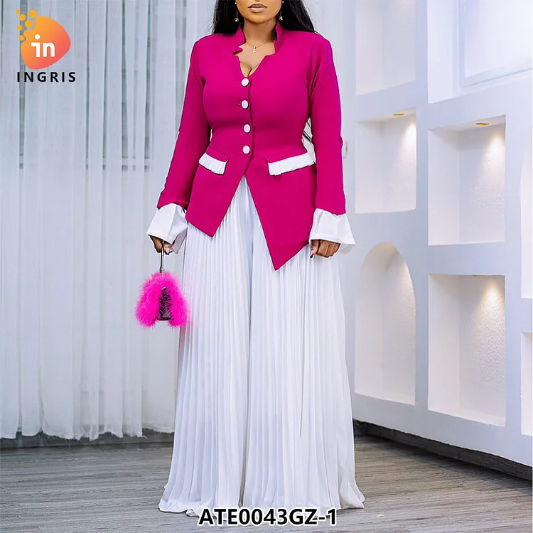 2025 trendy African outfits for women elegant flared sleeve top&pleated wide leg pants set two piece office wear business suit-ATE0043GZ