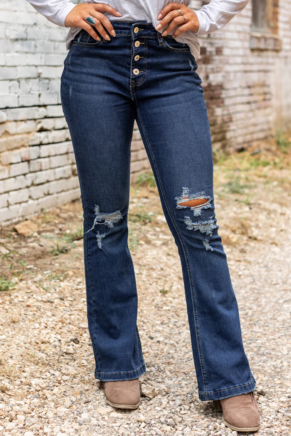 Dark Washed Distressed Flare Bottom Jeans | IFYHOME