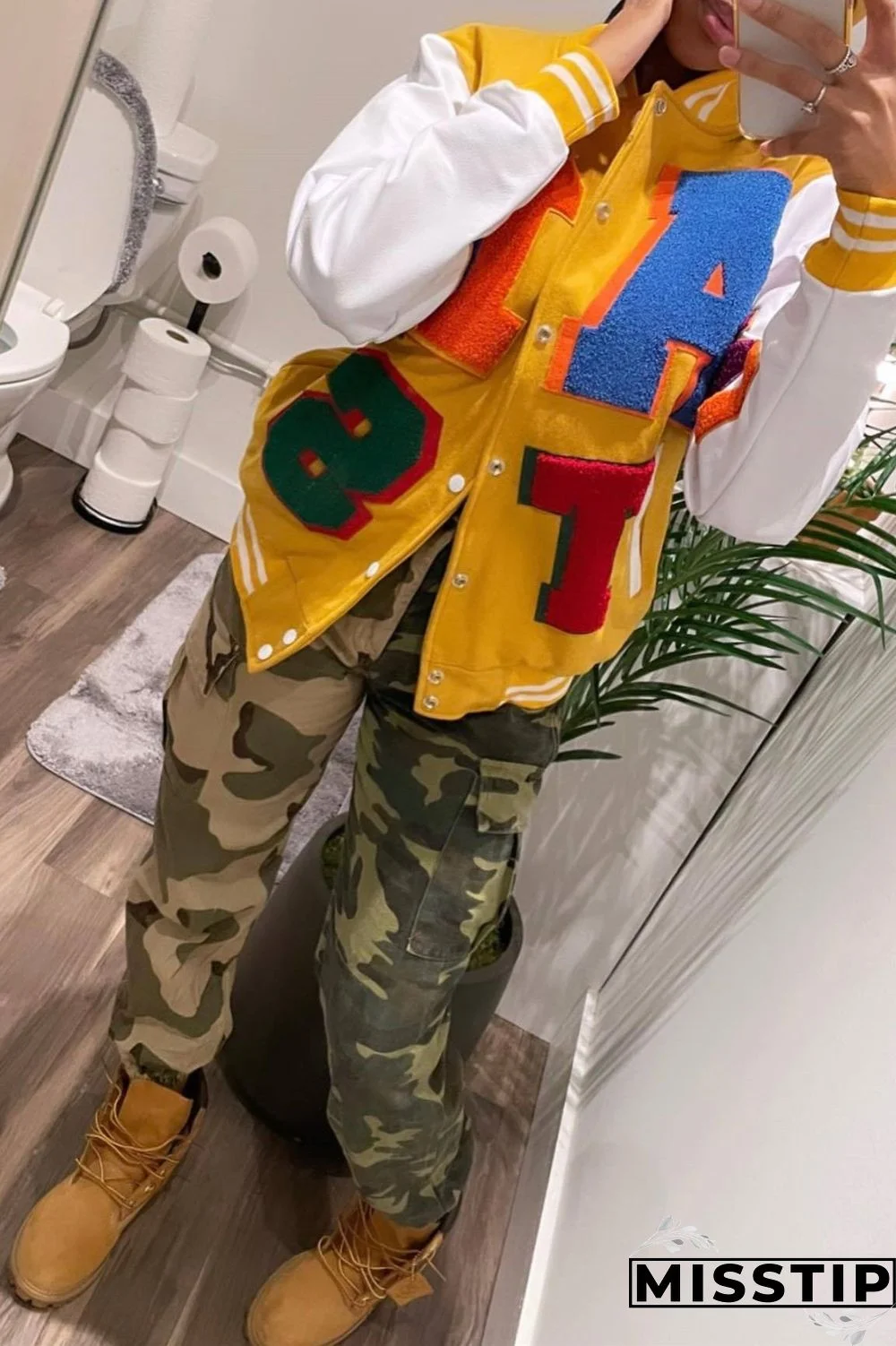 Blue Casual Letter Patchwork Contrast Turn-back Collar Outerwear