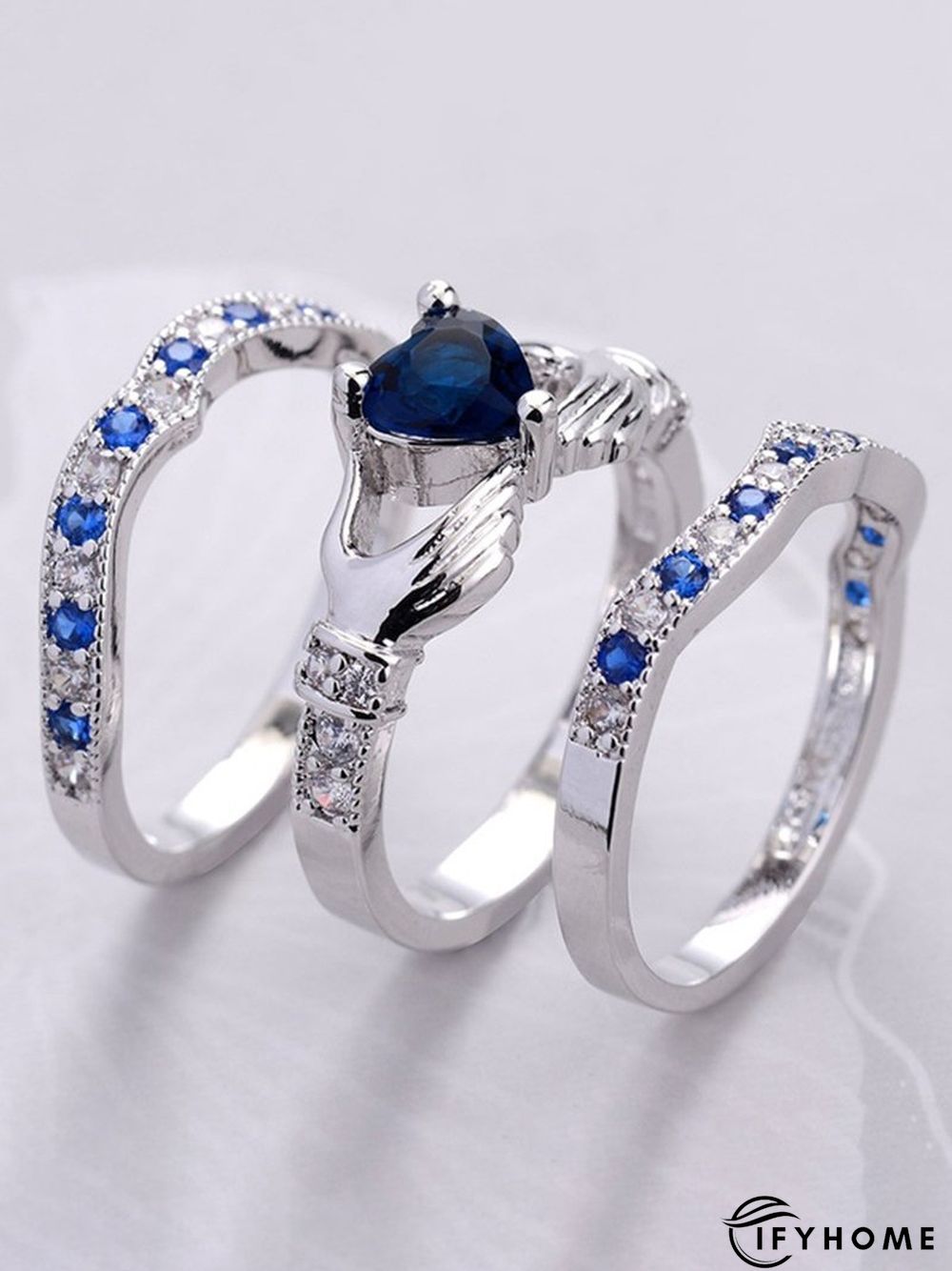 3Ps Silver Heart Holding Hand Pattern Full Diamond Ring Set Valentine's Day Gift Jewelry | IFYHOME