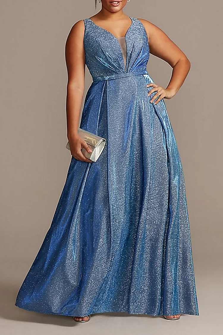 Plus Size Blue Formal Glitter Sheen Sleeveless V Neck Maxi Dresses