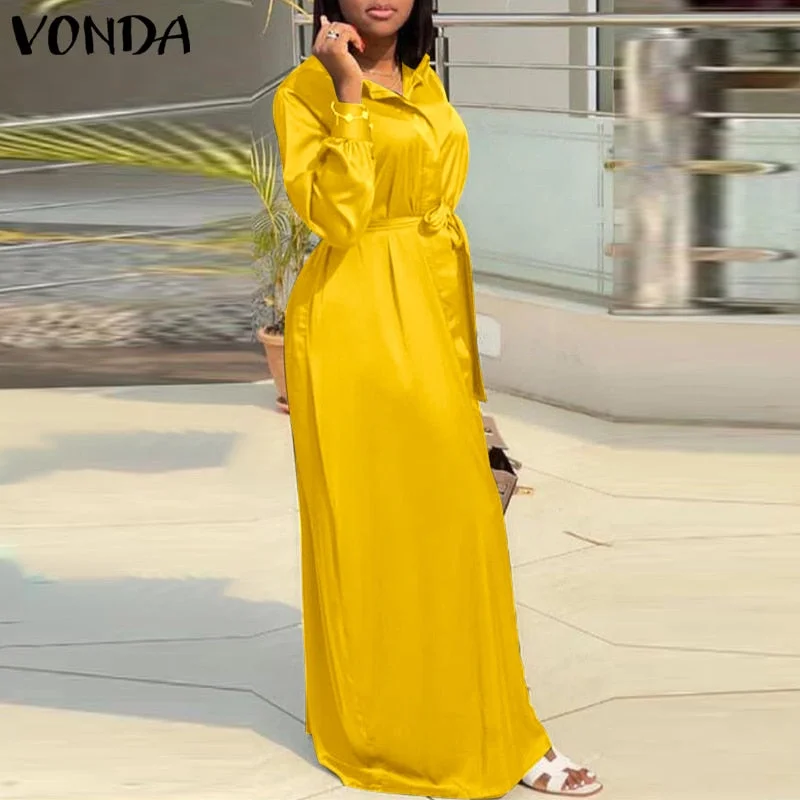 Satin Slik Dress VONDA 2022 Women Turn Down Neck Autumn Long Sleeve Shirt Dresses Lapel Button Down Bohemian Party Vestidos